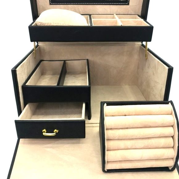 Songmics Leather Travel 3 Tier Fold Out Locking Jewelry Box Mirror & Handle Blk - Picture 3 of 16